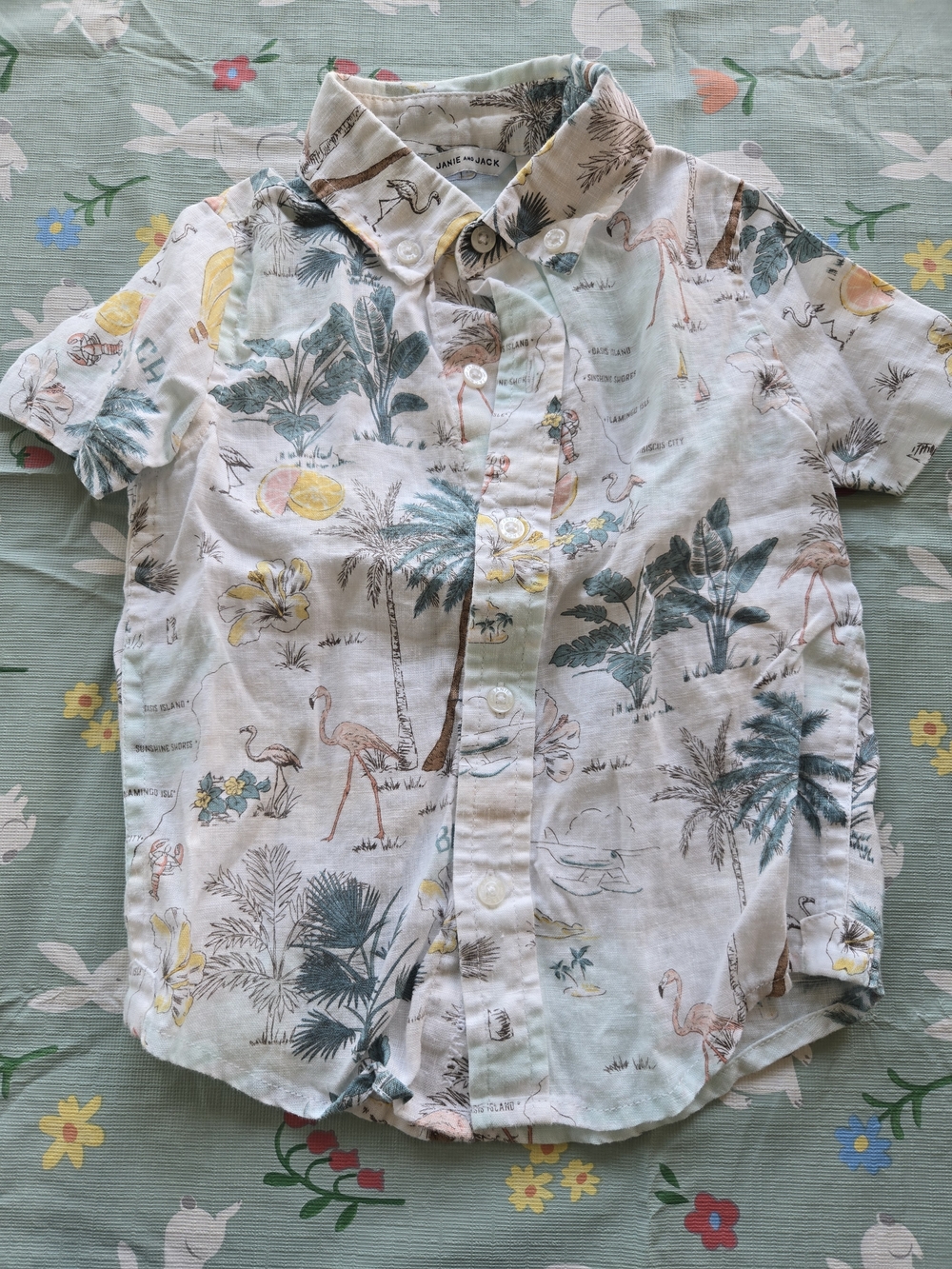 Janie and Jack Tropical Print Button-Down Shirt - White, Green, Yellow